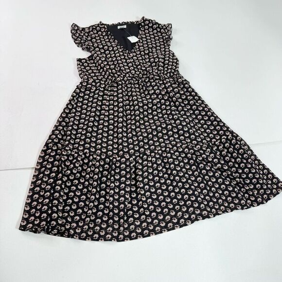 J Crew Dress Womens 12 Tiered Flutter Sleeve New Black Floral Dainty V Neck - Picture 1 of 13